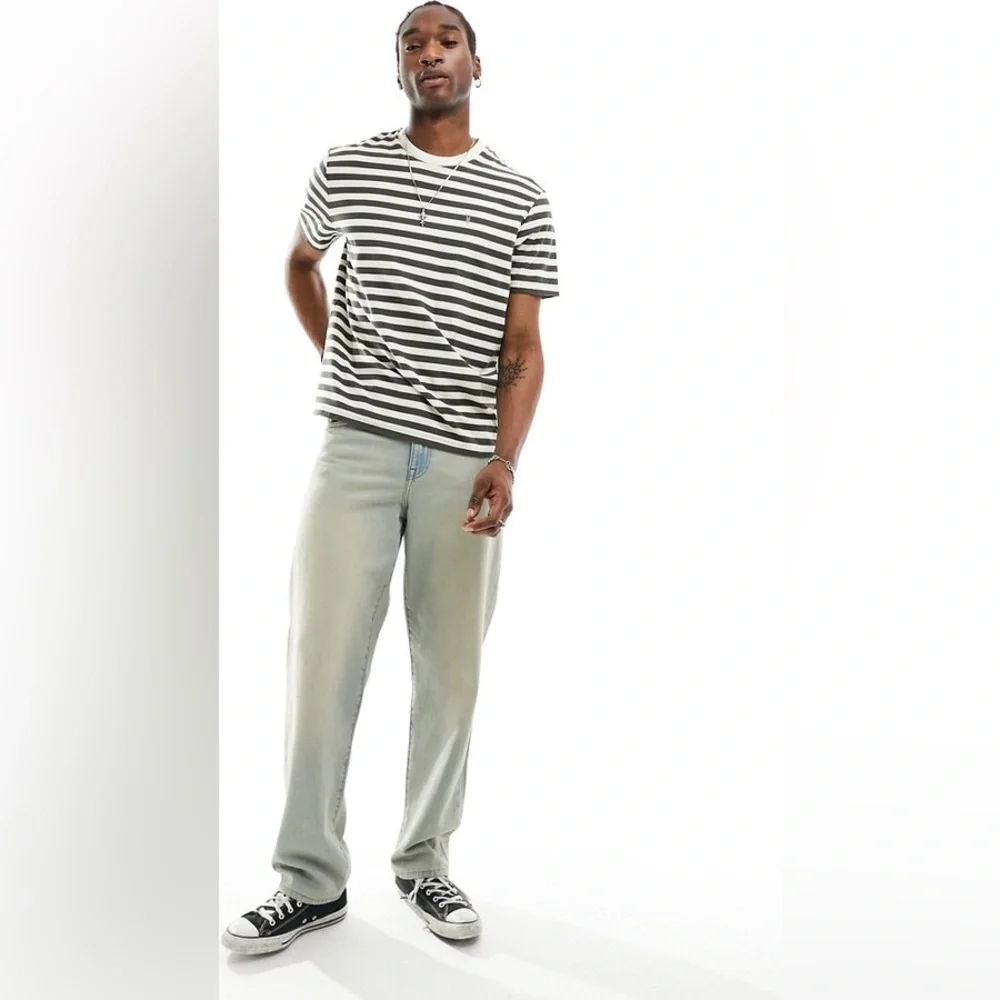 AllSaints Barrett short sleeve crew neck T-shirt in white and grey stripe - Picture 2 of 7